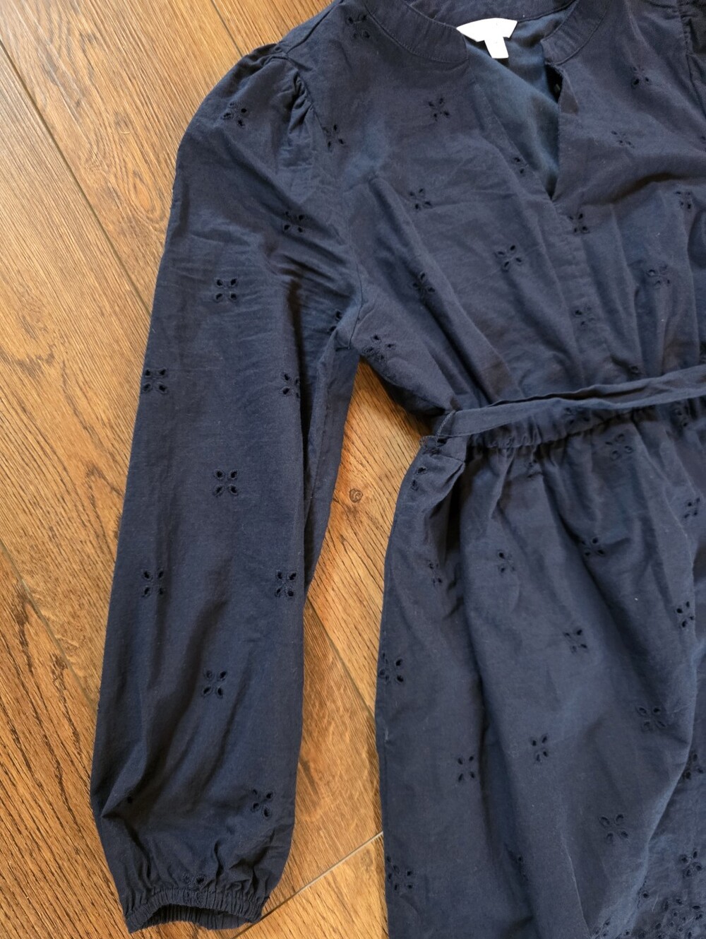 Time and Tru Navy Eyelet Waist-Tie Long Sleeve Dress